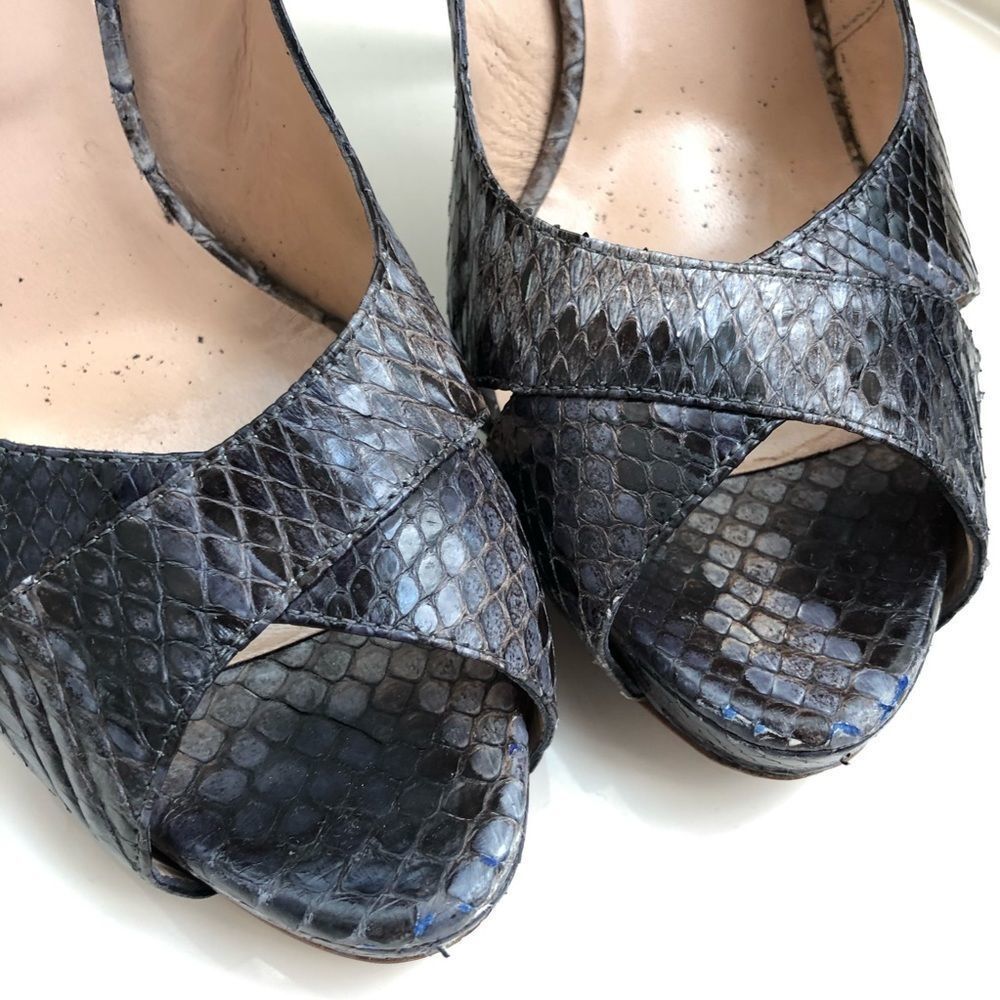 Bally Snakeskin Peep Toe Heels Grey Blue 9.5 40 - Picture 2 of 8